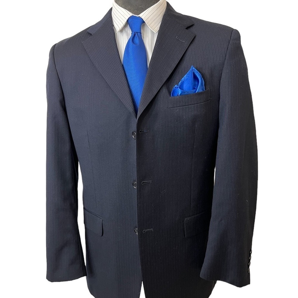 LINEA UOMO MENS DRESS BLAZER 100% WOOL SIZE 42R PINSTRIPE NAVY BLUE AM☑️ - Picture 11 of 11